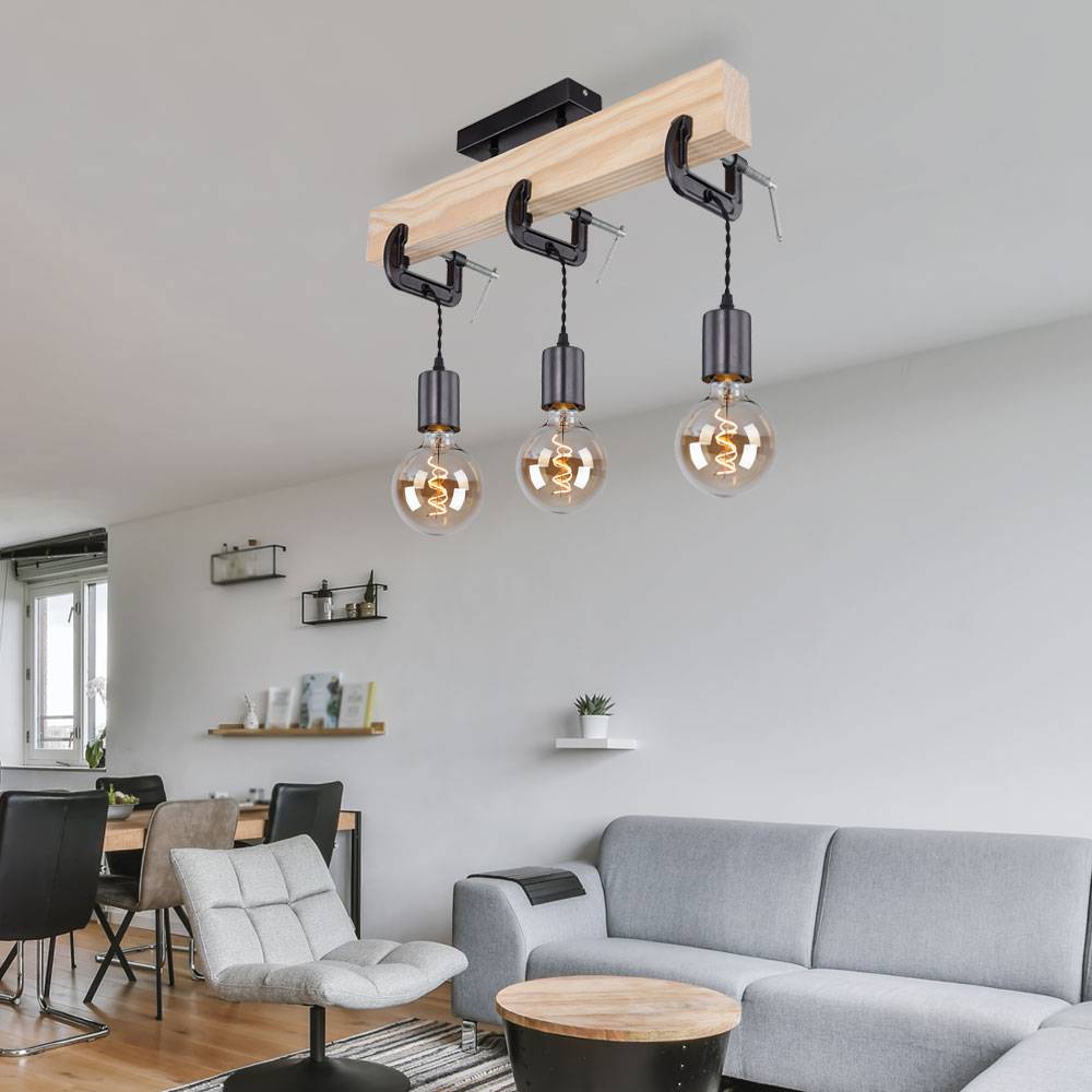 Holzleuchte Deckenlampe 3 flammig Esszimmerleuchte Wohnzimmer, Holz Metall naturfarben schwarz, 3x E27 Fassungen, HxLxB 39x60x14 cm