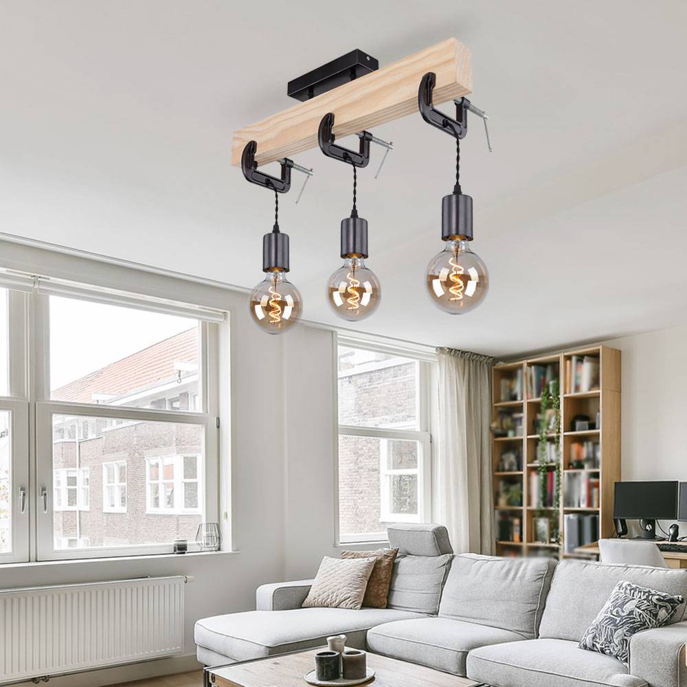 Holzleuchte Deckenlampe 3 flammig Esszimmerleuchte Wohnzimmer, Holz Metall naturfarben schwarz, 3x E27 Fassungen, HxLxB 39x60x14 cm