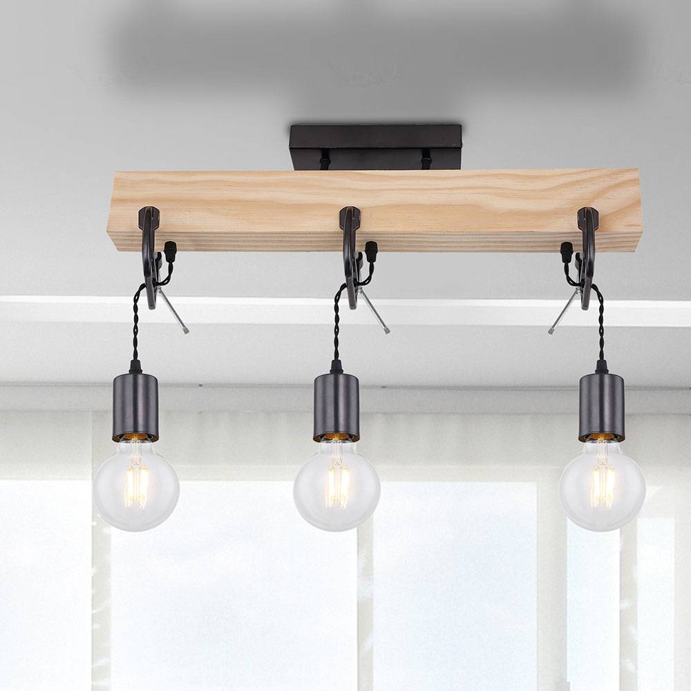 Holzleuchte Deckenlampe 3 flammig Esszimmerleuchte Wohnzimmer, Holz Metall naturfarben schwarz, 3x E27 Fassungen, HxLxB 39x60x14 cm