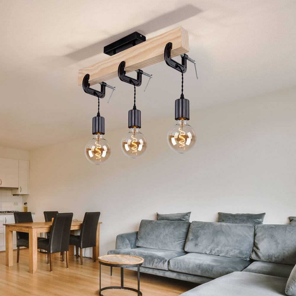 Holzleuchte Deckenlampe 3 flammig Esszimmerleuchte Wohnzimmer, Holz Metall naturfarben schwarz, 3x E27 Fassungen, HxLxB 39x60x14 cm