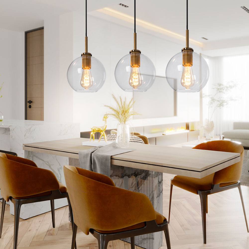 Hängelampe Pendelleuchte Glas 3 flammig Lampenschirm Hängelampe Glaskugel Esstischlampe, Metall messingfarben, 3x E27 Fassungen, LxBxH 90x20x120 cm