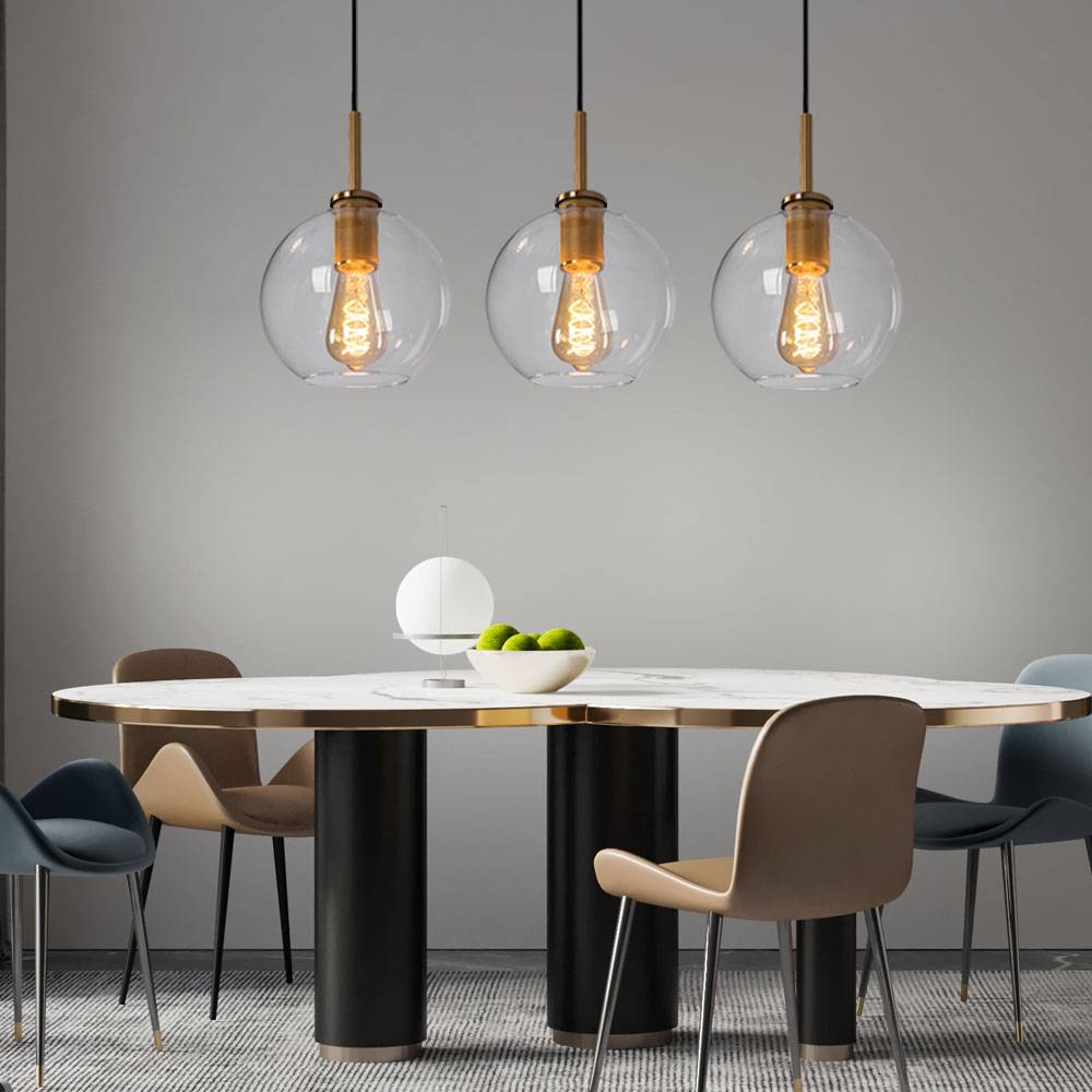 Hängelampe Pendelleuchte Glas 3 flammig Lampenschirm Hängelampe Glaskugel Esstischlampe, Metall messingfarben, 3x E27 Fassungen, LxBxH 90x20x120 cm