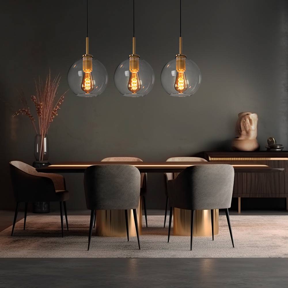 Hängelampe Pendelleuchte Glas 3 flammig Lampenschirm Hängelampe Glaskugel Esstischlampe, Metall messingfarben, 3x E27 Fassungen, LxBxH 90x20x120 cm