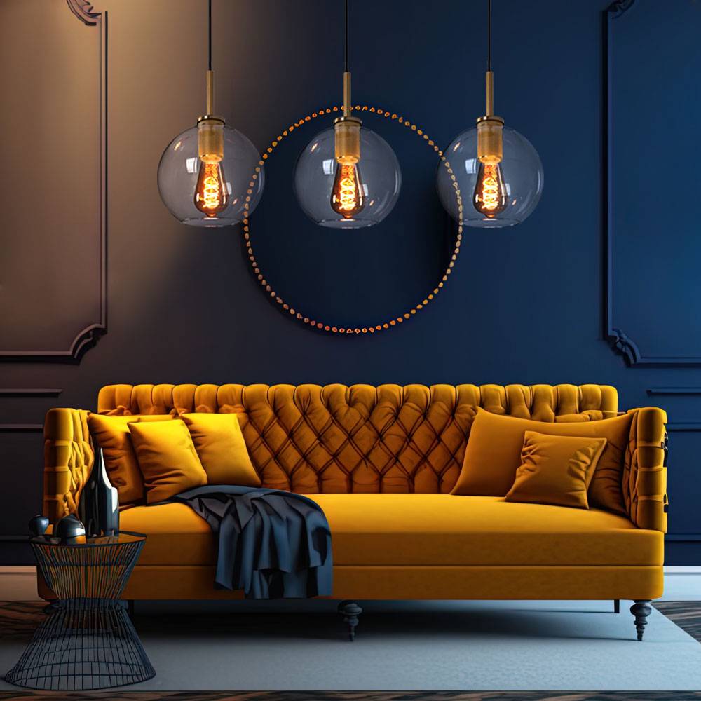 Hängelampe Pendelleuchte Glas 3 flammig Lampenschirm Hängelampe Glaskugel Esstischlampe, Metall messingfarben, 3x E27 Fassungen, LxBxH 90x20x120 cm