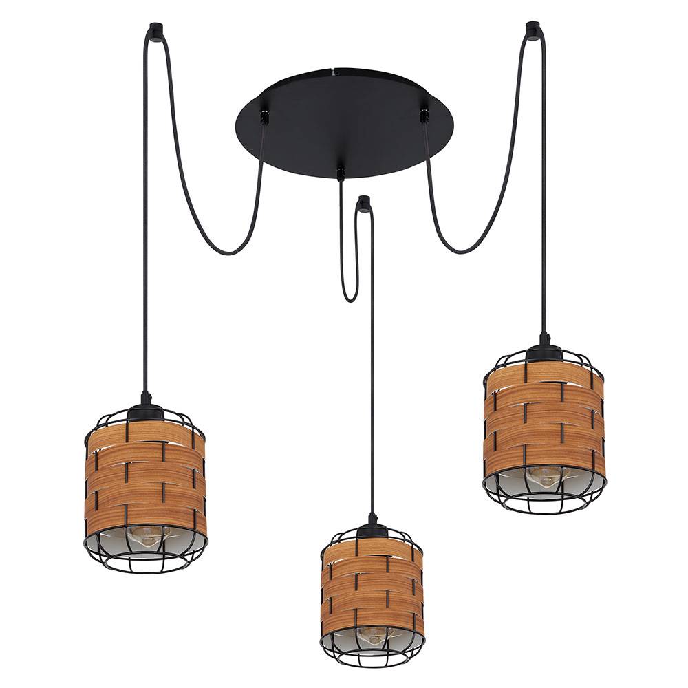 Pendelleuchte 3 flammig Lampenschirm Hängelampe Holzoptik Wohnzimmerlampe zum verstellen, Metall Kunststoff, schwarz braun, 3x E27 Fassungen, DxH