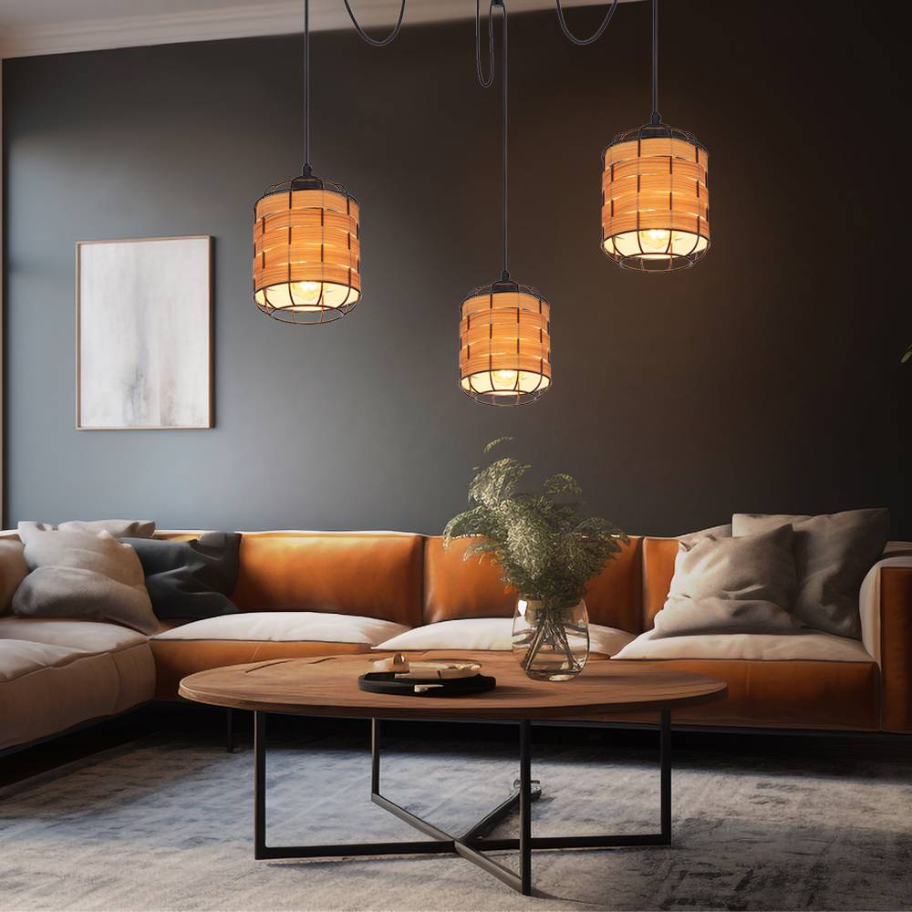 Pendelleuchte 3 flammig Lampenschirm Hängelampe Holzoptik Wohnzimmerlampe zum verstellen, Metall Kunststoff, schwarz braun, 3x E27 Fassungen, DxH