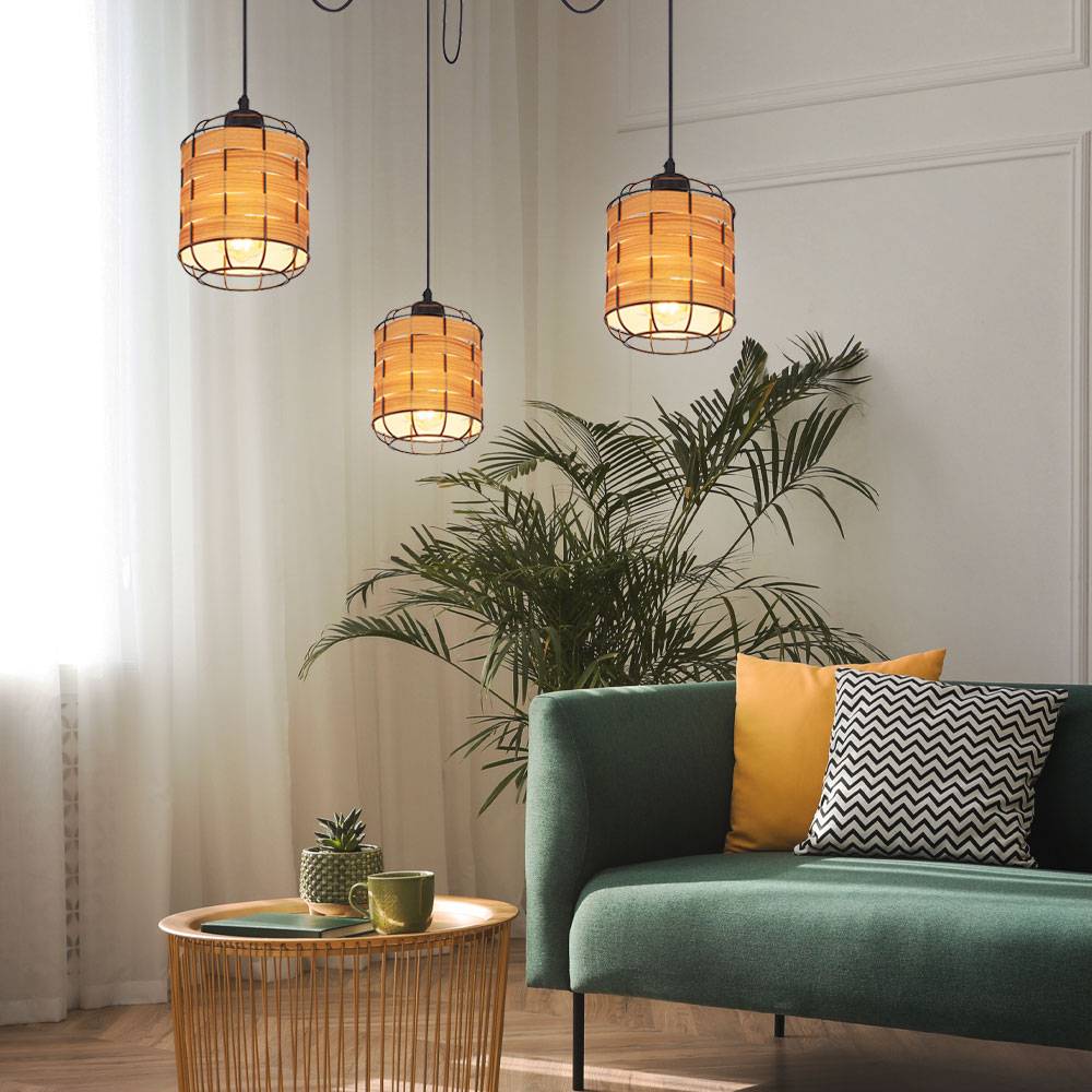 Pendelleuchte 3 flammig Lampenschirm Hängelampe Holzoptik Wohnzimmerlampe zum verstellen, Metall Kunststoff, schwarz braun, 3x E27 Fassungen, DxH