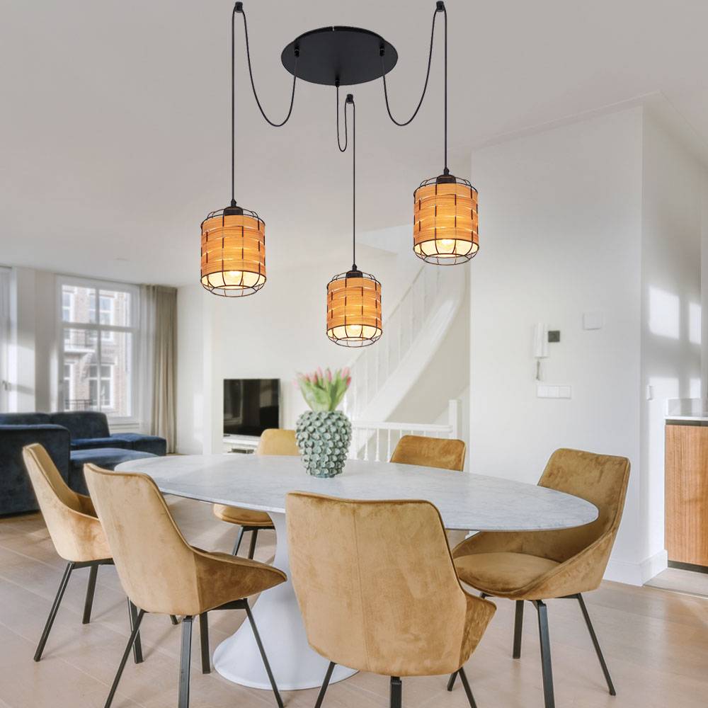 Pendelleuchte 3 flammig Lampenschirm Hängelampe Holzoptik Wohnzimmerlampe zum verstellen, Metall Kunststoff, schwarz braun, 3x E27 Fassungen, DxH