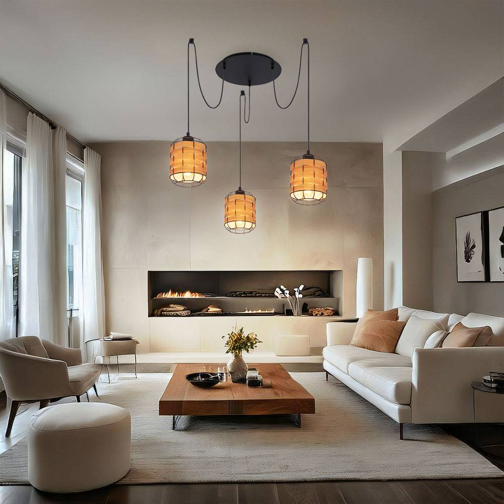 Pendelleuchte 3 flammig Lampenschirm Hängelampe Holzoptik Wohnzimmerlampe zum verstellen, Metall Kunststoff, schwarz braun, 3x E27 Fassungen, DxH