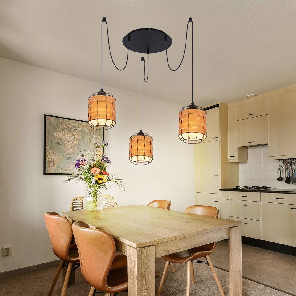 Pendelleuchte 3 flammig Lampenschirm Hängelampe Holzoptik Wohnzimmerlampe zum verstellen, Metall Kunststoff, schwarz braun, 3x E27 Fassungen, DxH