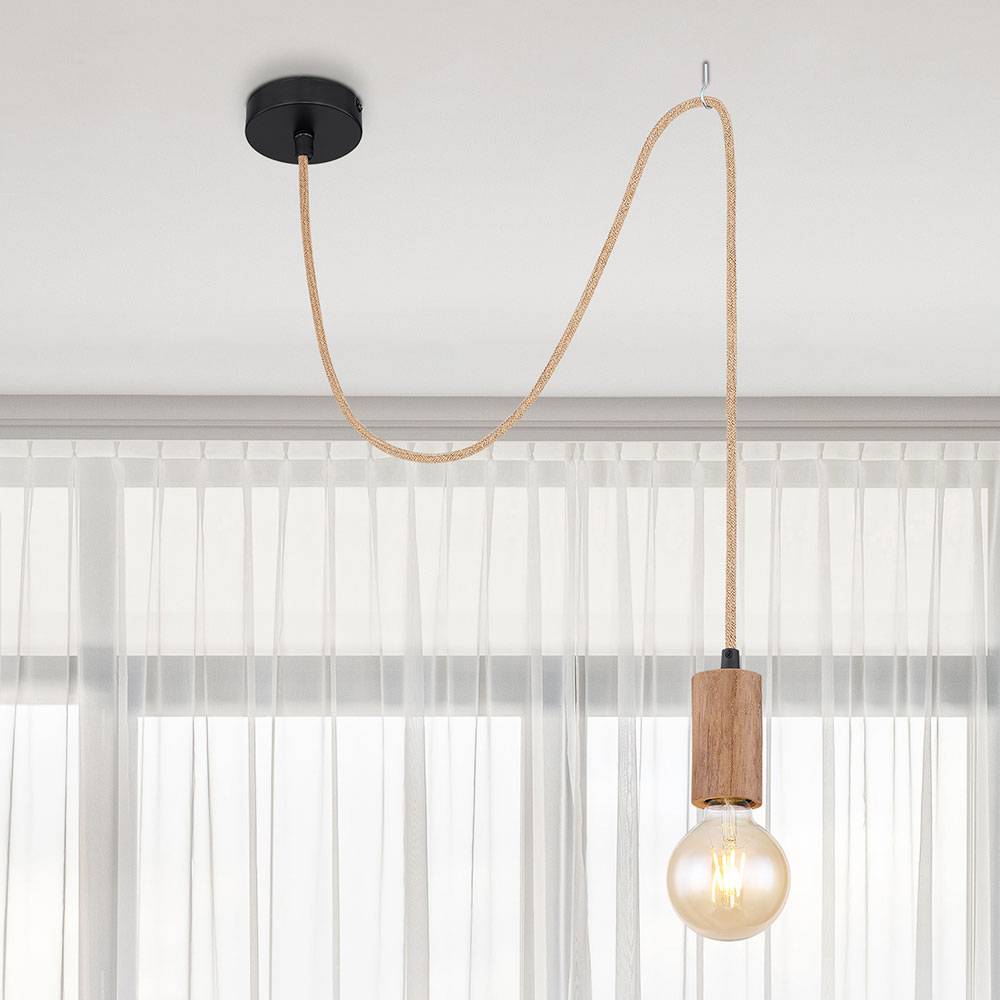 Seillampe Vintage Holzleuchte E27 Vintage Pendelleuchte Holz, Hanfseil Metall braun schwarz, 1x RGB LED 9W 806Lm, DxH 10x160 cm