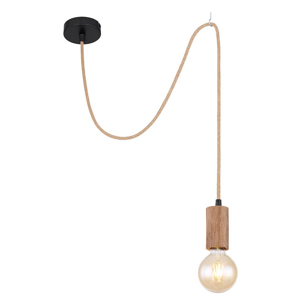 Seillampe Vintage Holzleuchte E27 Vintage Pendelleuchte Holz, Hanfseil Metall braun schwarz, 1x RGB LED 9W 806Lm, DxH 10x160 cm