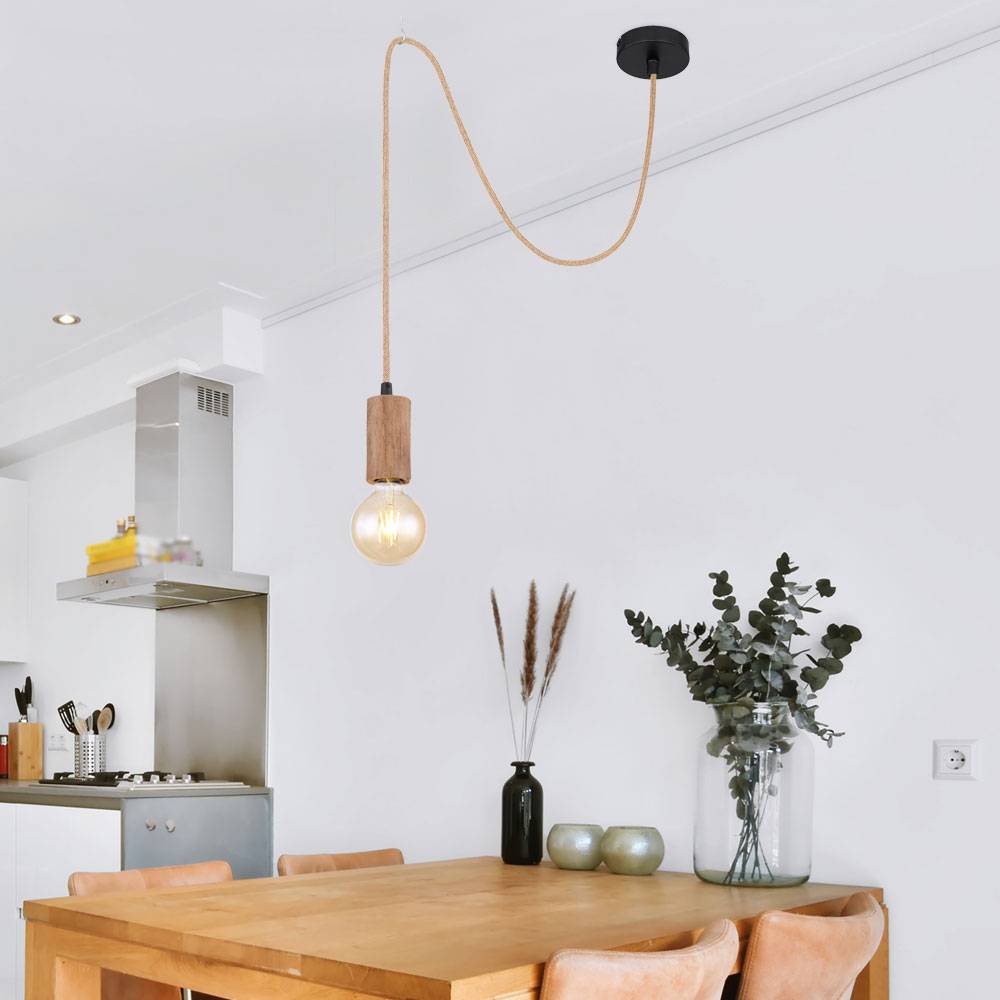 Seillampe Vintage Holzleuchte E27 Vintage Pendelleuchte Holz, Hanfseil Metall braun schwarz, 1x RGB LED 9W 806Lm, DxH 10x160 cm