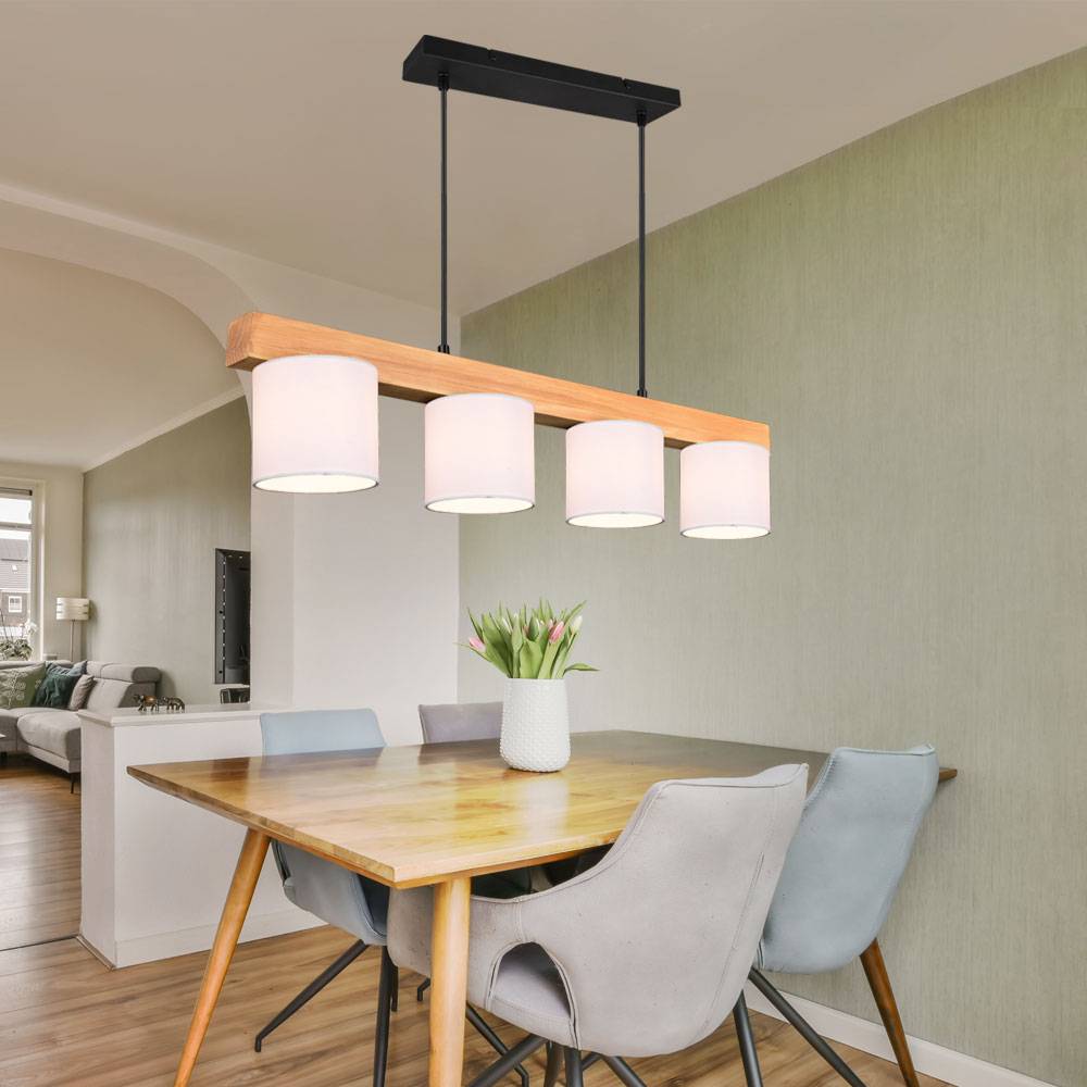 Hängeleuchte Esstischlampe Pendelleuchte Esszimmerleuchte, Naturholz Stoff, weiß braun, 4x E14, BxHxT 75x150x12 cm