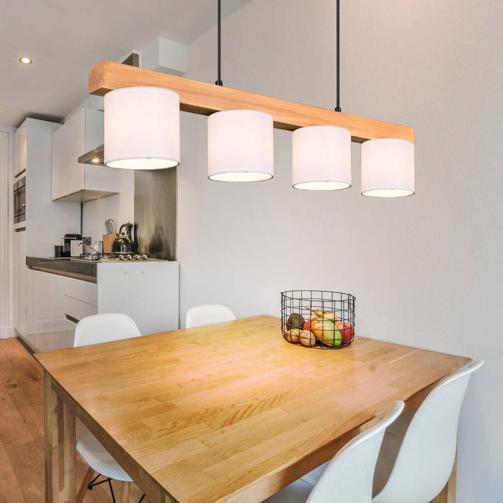 Hängeleuchte Esstischlampe Pendelleuchte Esszimmerleuchte, Naturholz Stoff, weiß braun, 4x E14, BxHxT 75x150x12 cm