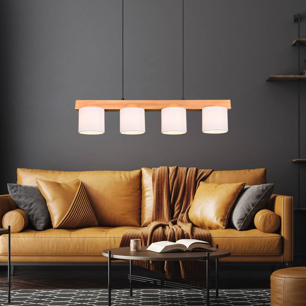 Hängeleuchte Esstischlampe Pendelleuchte Esszimmerleuchte, Naturholz Stoff, weiß braun, 4x E14, BxHxT 75x150x12 cm