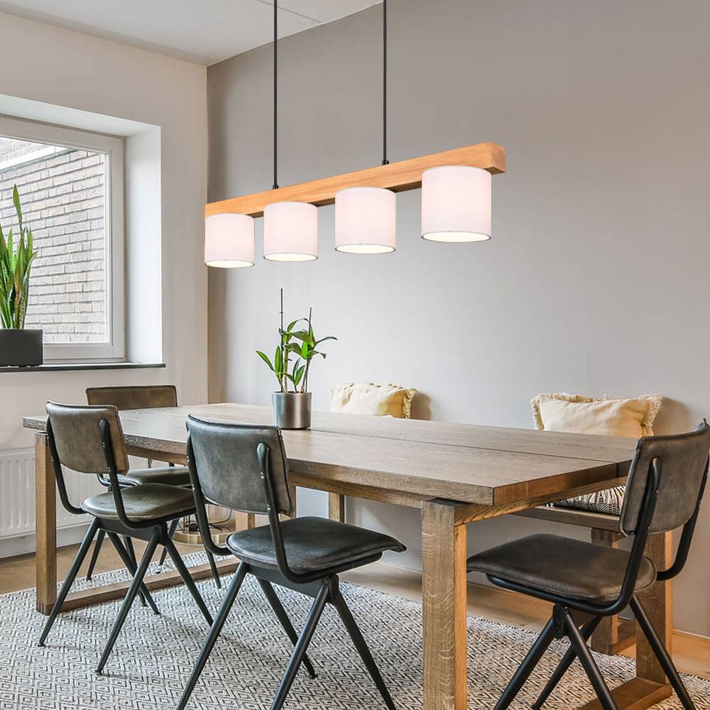Hängeleuchte Esstischlampe Pendelleuchte Esszimmerleuchte, Naturholz Stoff, weiß braun, 4x E14, BxHxT 75x150x12 cm