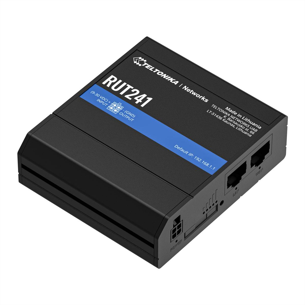 Schwarzer Teltonika RUT241 Industrie-Router, Schrägansicht, mit blauem Etikett und zwei sichtbaren Ethernet-Anschlüssen.