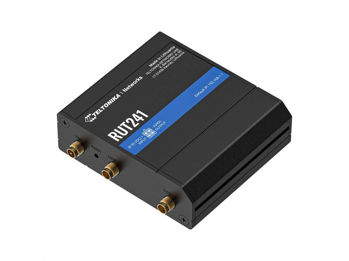 Teltonika Networks RUT241 industrieller Mobilfunkrouter mit drei goldfarbenen Antennensteckern und blauem Etikett auf einer schwarzen kompakten Box