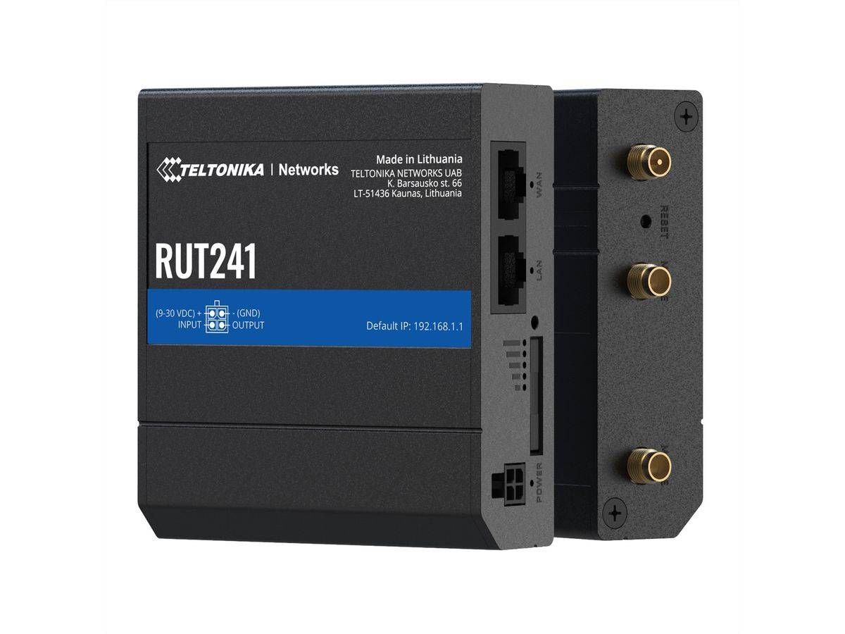 Teltonika RUT241 industrieller Mobilfunkrouter mit Ethernet-Anschlüssen und drei Antennensteckern, dargestellt in Vorder- und Seitenansicht.