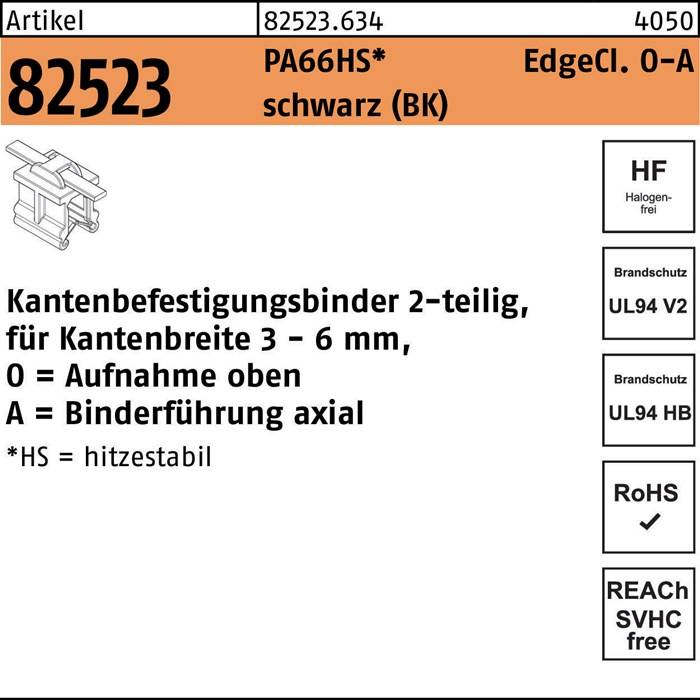 Produktetikett für Artikel 82523 mit einem zweiteili­gen Kantenclip in schwarz, PA66HS, für einen Kabeldurchmesser von 3 mm.