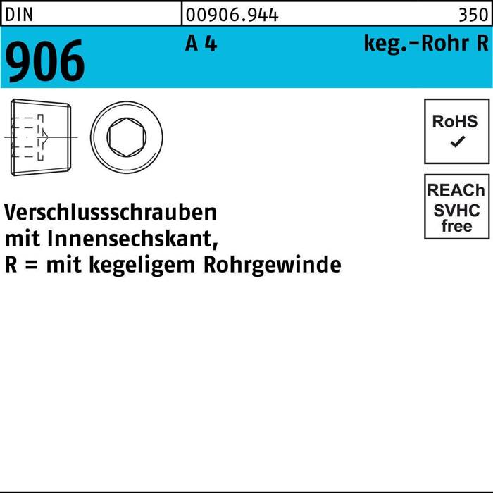 Verschlußschraube DIN 906 Innen-6kt R 1/2 A 4 100 Stück