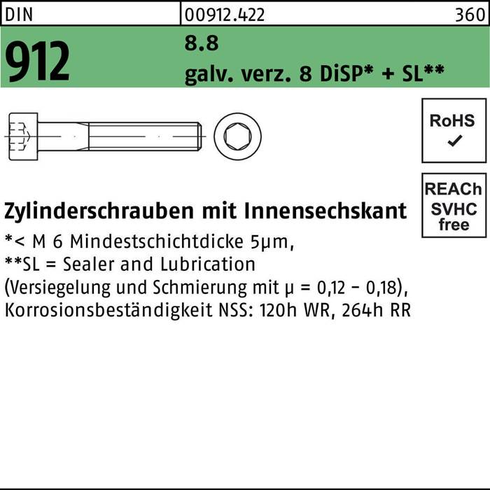 Zylinderschraube DIN 912 Innen-6kt M8x 200 8.8 gal Zn 8 DiSP + SL 50St.