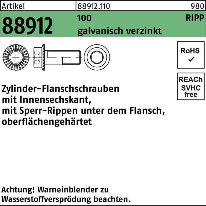 Zylinderflanschschraube R 88912 Sperr-Ripp Innen-6kt M8x20 100 galv.verz. 200St.