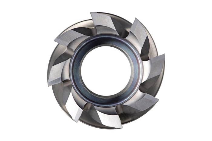 Metallische Kreisschneideklinge mit scharfen, schräg angeordneten Zähnen, die ein zentrales Loch umgeben und für industrielle Bearbeitungs- und Materialschneideoperationen verwendet wird.