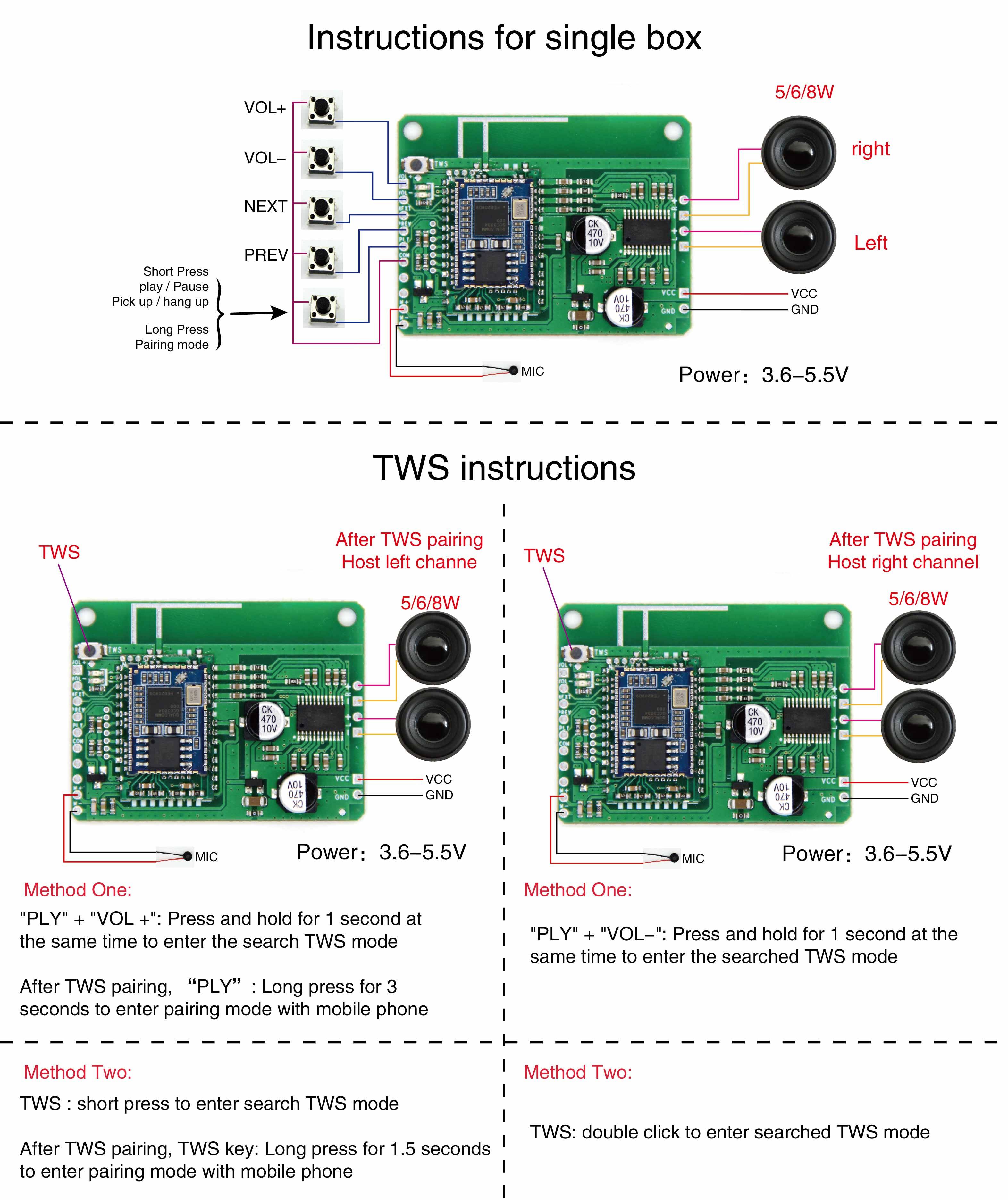 QCC3034 TWS Bluetooth 5.0 Stereo Amplifier Board with Self-Boosting 5W 6W 8W Lossless APTXHD