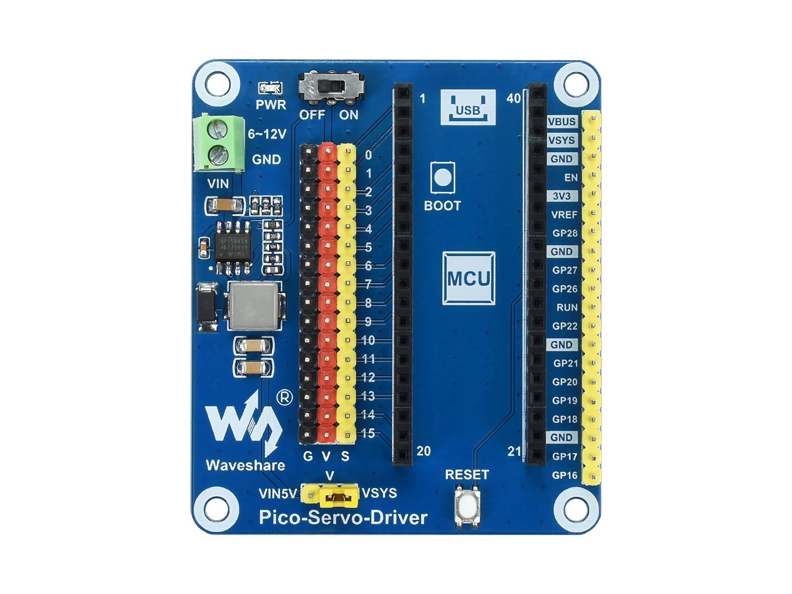 WaveShare Servo Driver Module for Raspberry Pi Pico, 16-ch Outputs, 16-bit Resolution