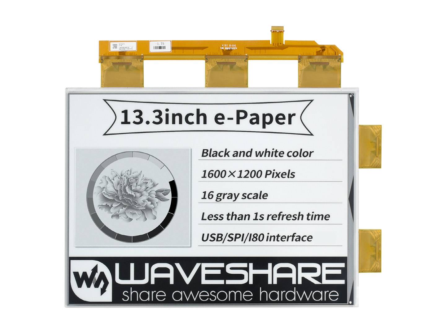 WaveShare 13.3inch e-Paper e-Ink Raw Display, 1600×1200, Black / White, 16 Grey Scales, Parallel Port, Without PCB