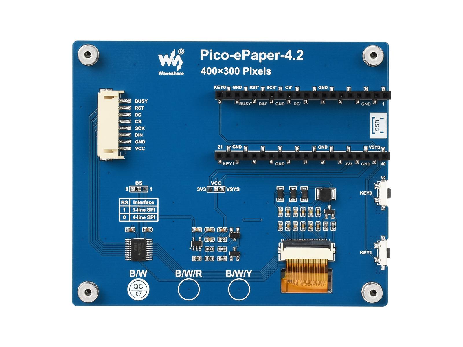 WaveShare 4.2inch E-Paper E-Ink Display Module for Raspberry Pi Pico 400x300 Black White 4 Grayscale SPI