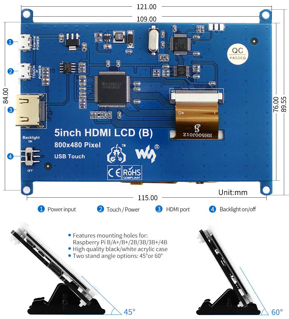 WaveShare 5inch Resistive Touch Screen LCD (B) with Bicolor Case 800x480 HDMI
