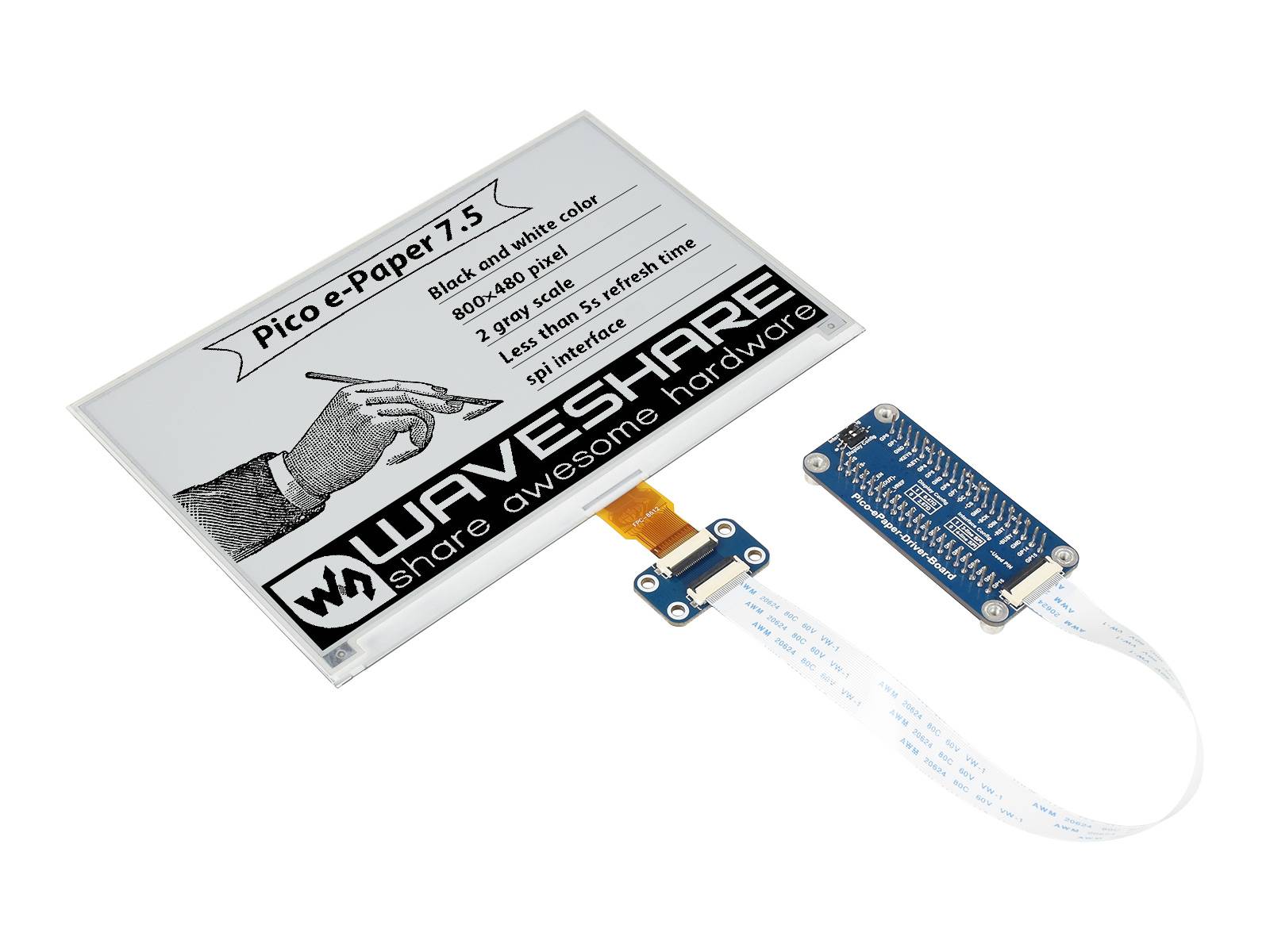 WaveShare 7.5inch E-Paper E-Ink Display Module for Raspberry Pi Pico 800x480 Black White SPI