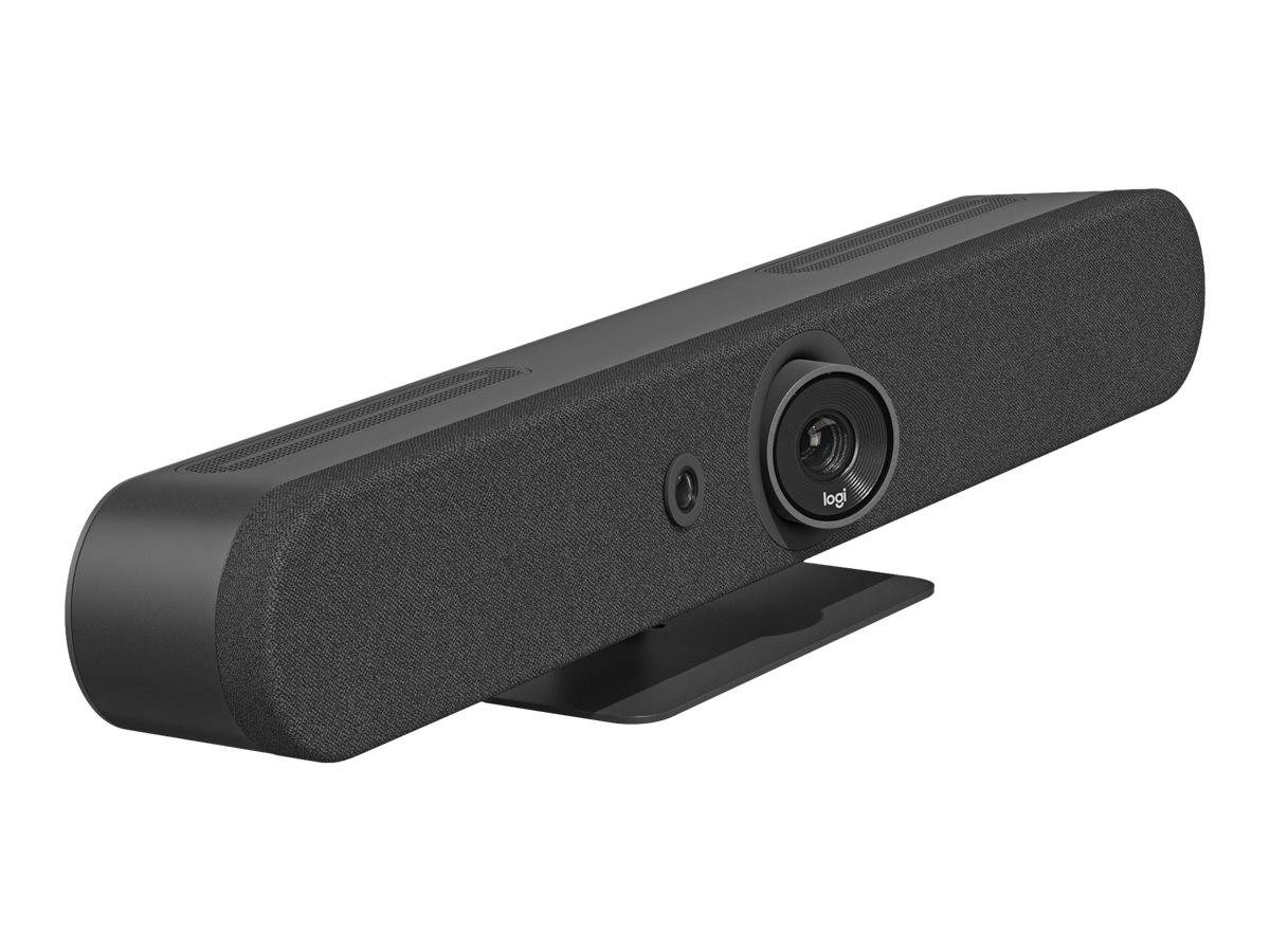 Schwarze Logitech-Konferenzraum-Webcam und Speakerbar auf einem Ständer, vor weißem Hintergrund dargestellt.