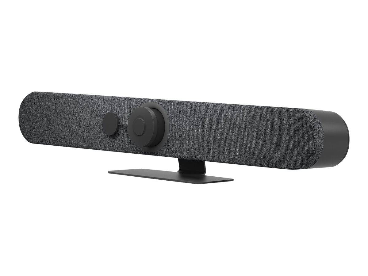 Eine schwarze Konferenzraum-Soundbar mit integrierter Kamera und Mikrofon, montiert auf einem Ständer vor weißem Hintergrund.