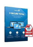 F-Secure Total Antivirus-Box mit blauem Hintergrund, die Geräte wie einen Computer, ein Tablet und ein Smartphone zeigt, mit AV-Test-Auszeichnungsabzeichen.