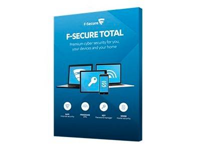 Blaue F-Secure Total Box, die Geräte zeigt, mit dem Slogan "Premium Cybersicherheit für Sie, Ihre Geräte und Ihr Zuhause."" Aufgelistete Funktionen: SAFE, FREEDOME, KEY, SENSE.