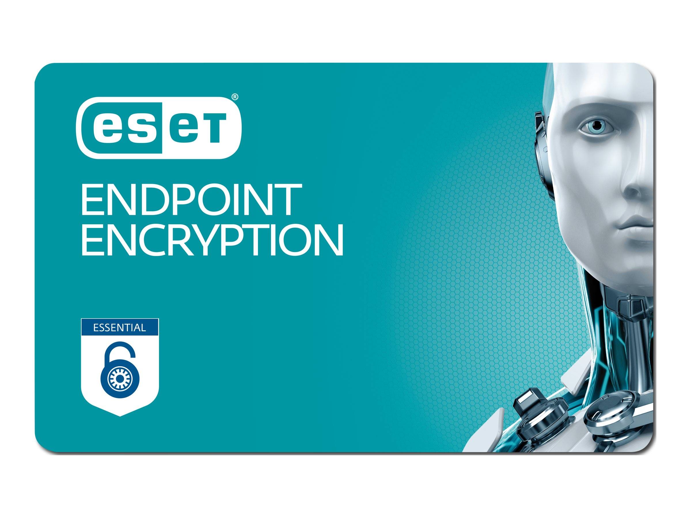 ESET Endpoint Encryption Essential Produktabdeckung mit Logo, Schloss-Symbol und Robotergesicht auf tealblauen Hintergrund.