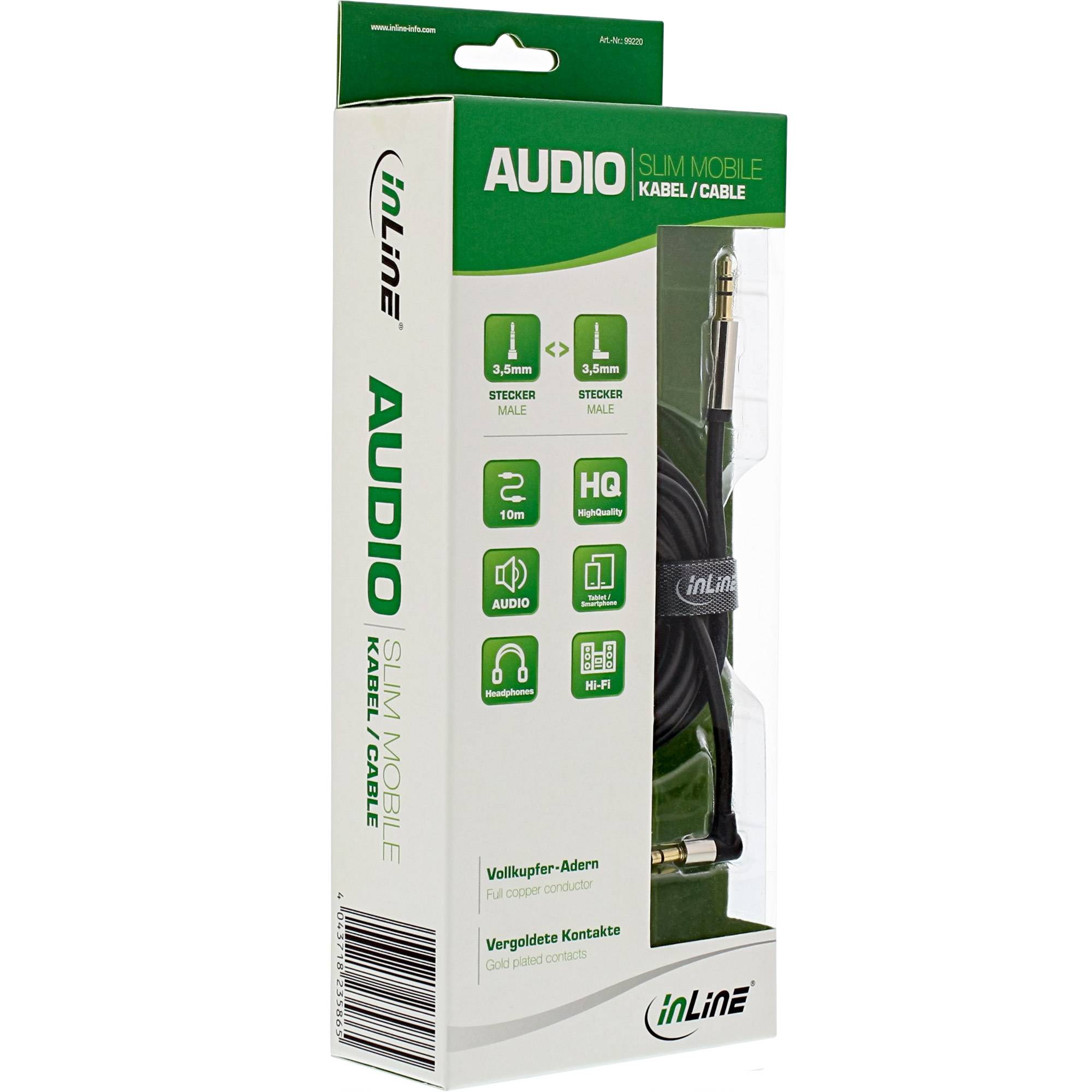 INLINE - Slim Audio Kabel Klinke 3,5mm ST/ST - gewinkelt - Stereo - 10m