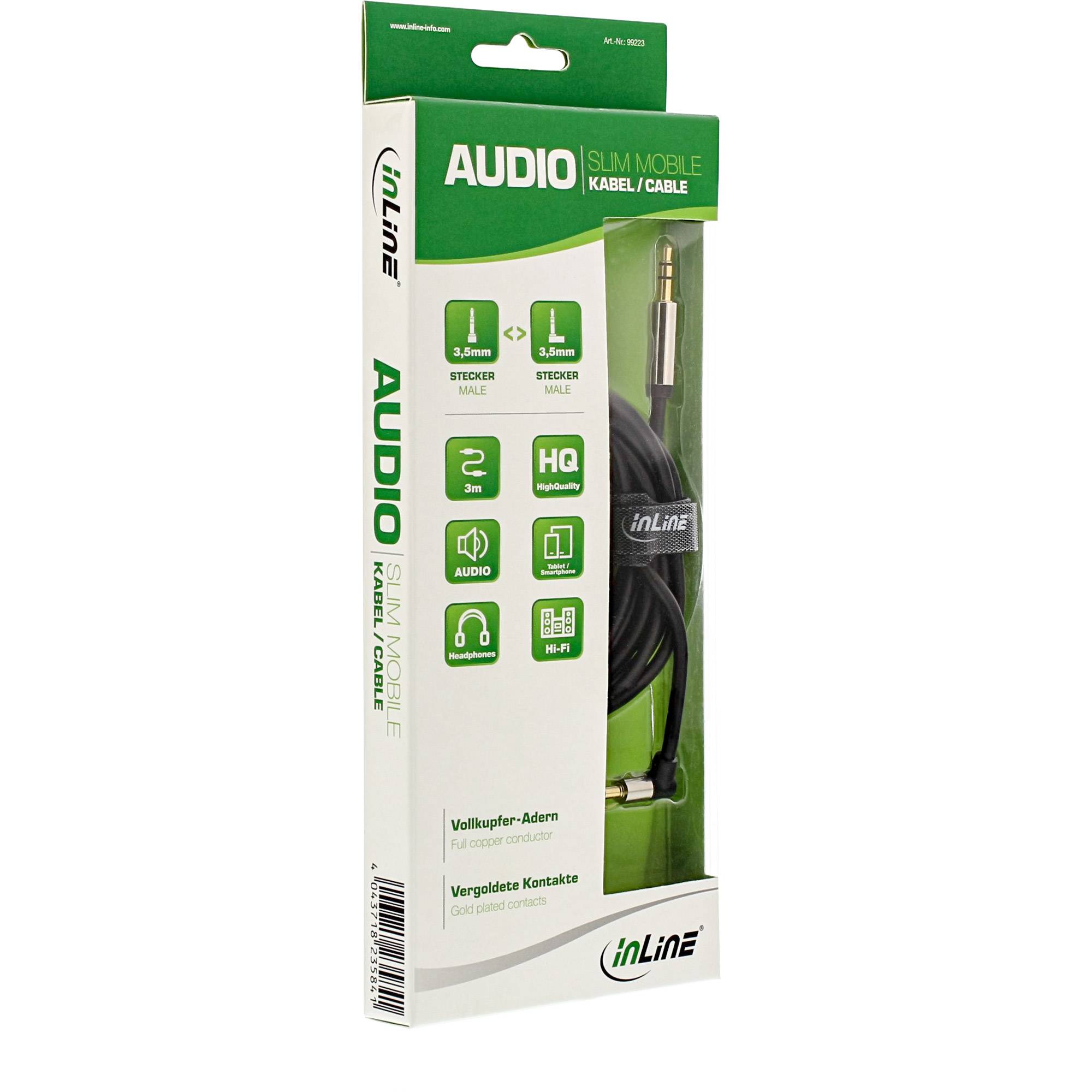 INLINE - Slim Audio Kabel Klinke 3,5mm ST/ST - gewinkelt - Stereo - 3m