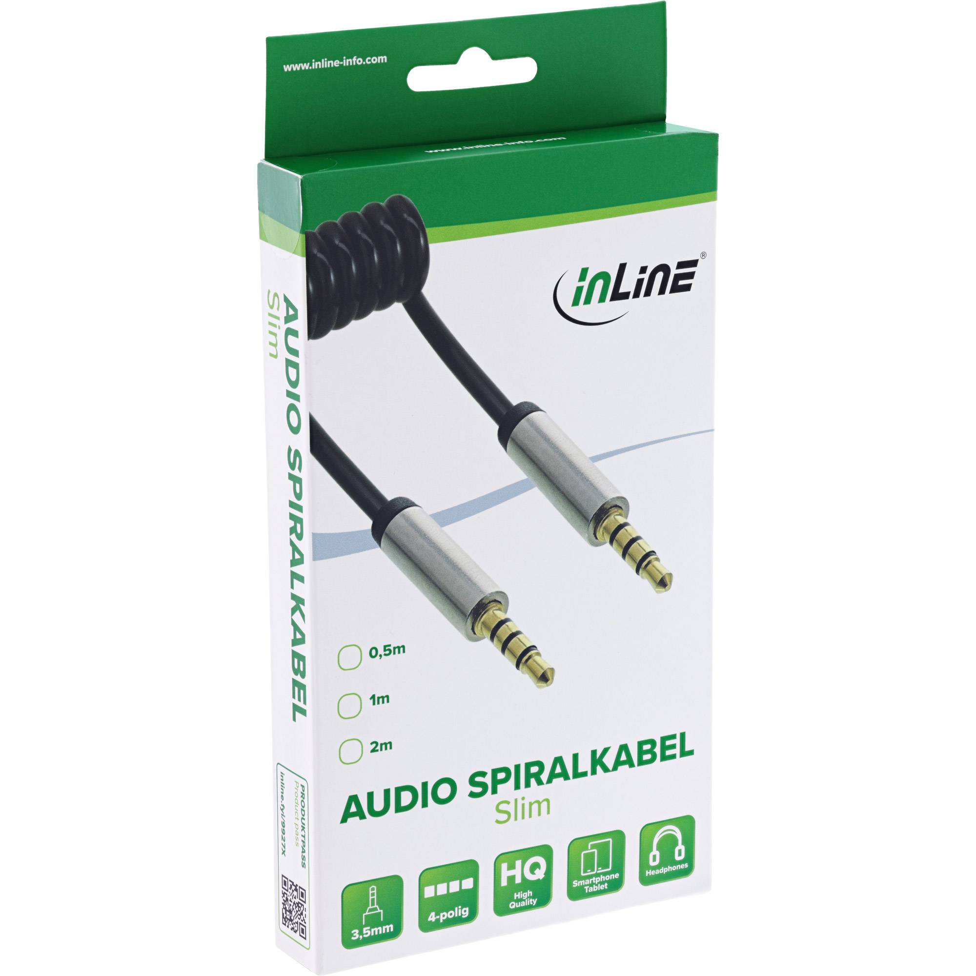 Kasten mit inLine Audio-Spiralkabel, Slim, mit 3,5-mm-Steckern; die Verpackung listet Längen von 0,5 m, 1 m und 2 m auf.