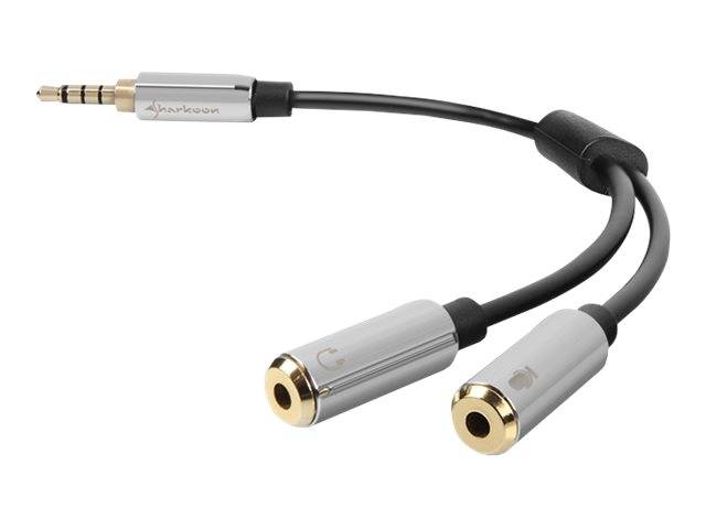 Audio-Splitter-Kabel mit einem 3,5-mm-Stecker und zwei Buchsen für Kopfhörer.
