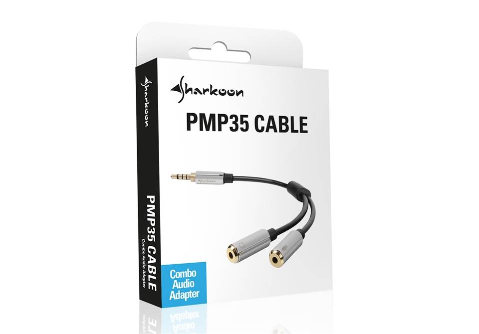 Produktverpackung für Sharkoon PMP35-Kabel, beschriftet als „Combo Audio Adapter