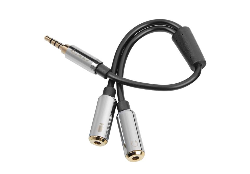 Schwarzes Audio-Splitter-Kabel mit einem 3,5-mm-Stecker und zwei weiblichen Buchsen auf weißem Hintergrund.