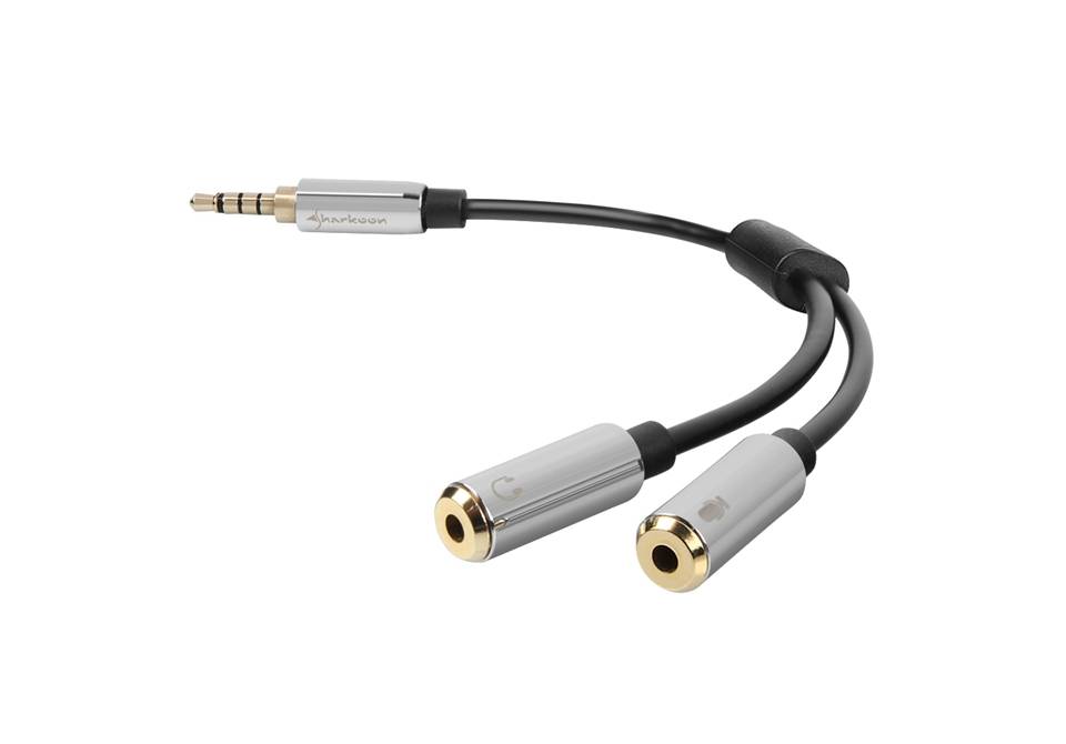 Stereo-Audio-Splitter-Adapterkabel mit einem 3,5-mm-Stecker, der sich in zwei weibliche Audio-Buchsen auf weißem Hintergrund aufteilt