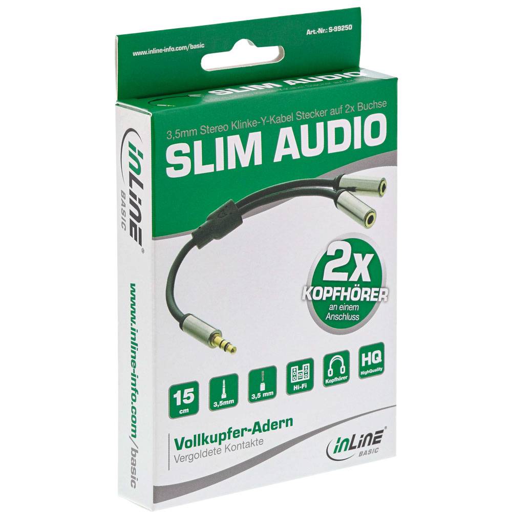 INLINE - Basic Slim Audio Y-Kabel 3,5mm Klinke ST an 2x BU - 0,15m