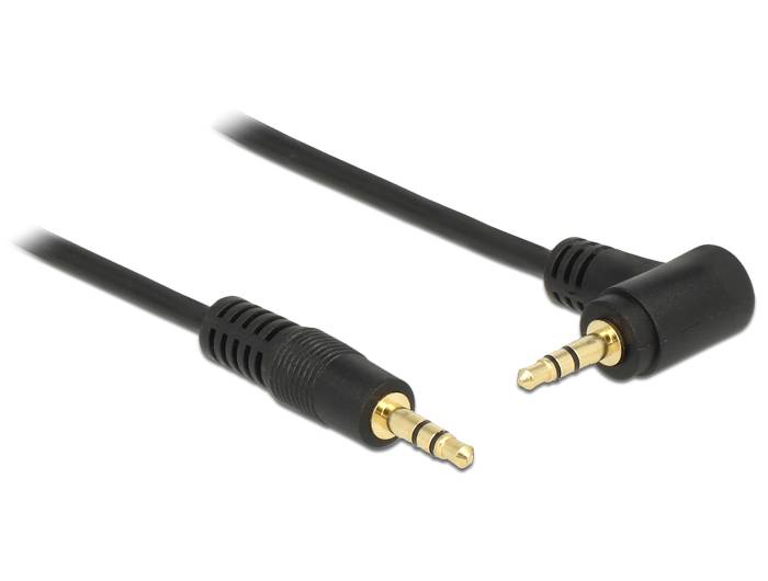 Schwarzes 3,5-mm-Audiokabel mit gewinkelt ausgeführten Stecker auf beiden Enden.
