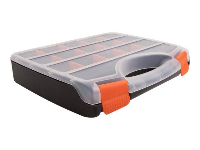Kunststoff-Organisatorbox mit transparentem geteiltem Deckel, grauem Tablett und orangefarbenen Verschlüssen auf weißem Hintergrund.